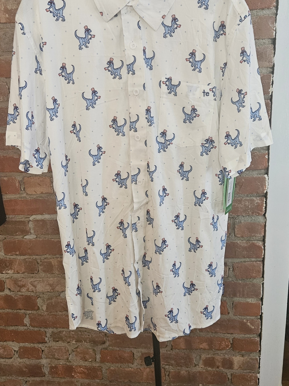 Tipsy Elves Prehistoric Patriot White Short-Sleeve Button-Up w Blue Dino Print
